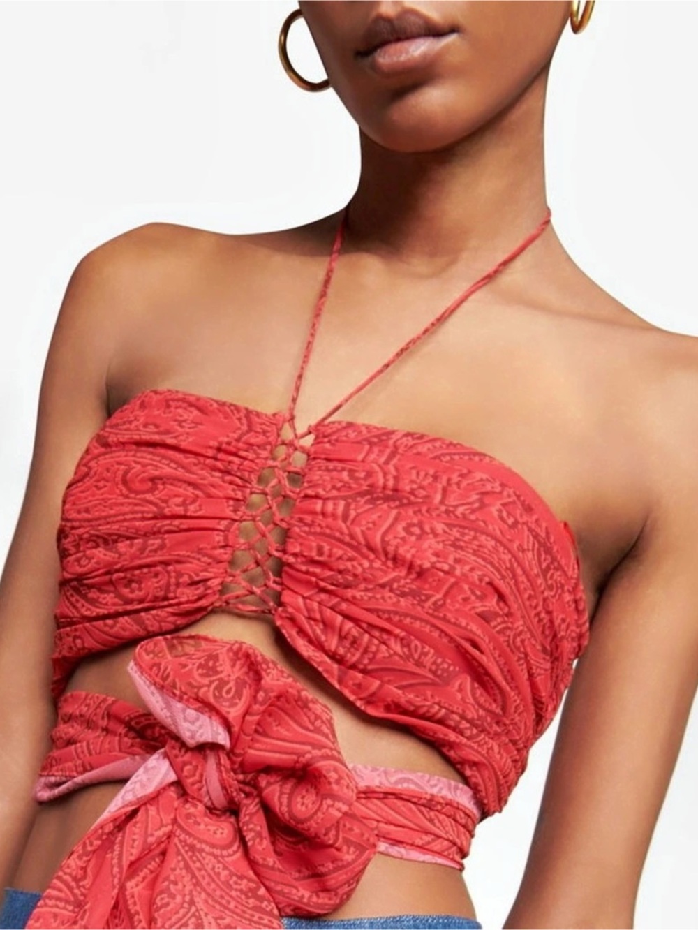 Etro Tie-Waist Halter-Neck Crop Top Paisley Red